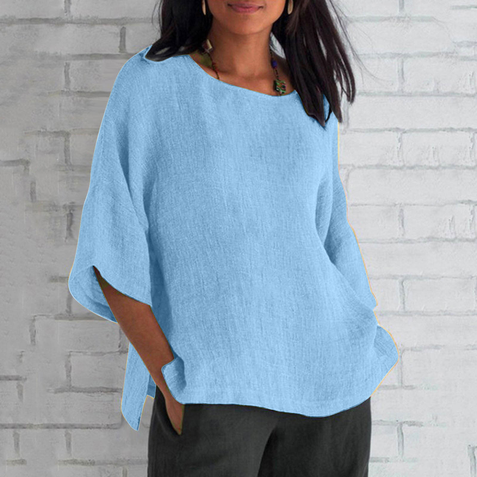 Wiyuqeen 3/4 Length Sleeve Cotton Linen Blouses Womens Solid Color Tops 2024 Comfy Breathable T Shirts Oversized Casual Side Split Crewneck Shirts